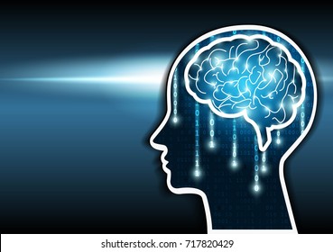 Inteligencia artificial. Esquema de cabeza humana con binario de cerebro y matriz. Ilustración vectorial.