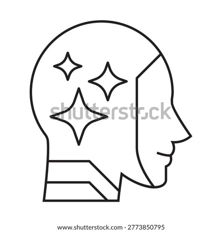 Artificial intelligence human head profile with star sparkles line icon, representing smart mind or brilliant AI concept.