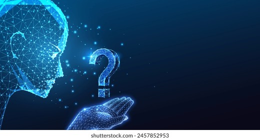 Artificial intelligence and human inquiry intersection. Futuristic technology, curiosity exploration concept in glowing low polygonal style on dark blue background. Abstract design vector illustration