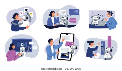 Inteligencia artificial. Interacción humana con IA, solución de tareas conjuntas, trabajo robot con personas, autodesarrollo del sistema, comunicación con chatbot, caricatura aislada