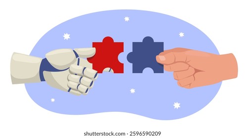 Artificial intelligence and human interaction. Robot and man hands connect puzzle pieces. Teamwork and collaboration. AI technology. Cybernetic innovation partnership