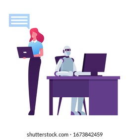 Artificial Intelligence in Human Life, Chatbot Service. Robot Sitting at Desk with Computer Working with Office Woman Character. Futuristic Technologies, Automatization. Cartoon Vector Illustration
