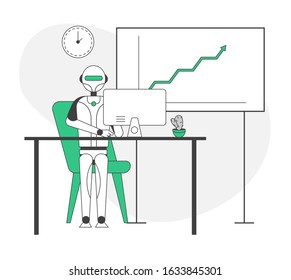 Artificial Intelligence in Human Life Concept. Robot Sitting at Desk with Computer Working in Office. Futuristic Technologies, Smart Devices, Automatization. Cartoon Flat Vector Illustration, Line Art