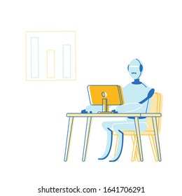 Inteligencia artificial en concepto de vida humana. Robot Sentado en el escritorio con ordenador trabajando en la oficina. Tecnologías futuristas, Smart Devices, Ilustración de vectores planos de caricatura de automatización, arte de línea