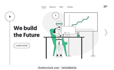 Artificial Intelligence in Human Life Website Landing Page. Robot Sitting at Desk with Computer Work in Office. Smart Devices Automatization Web Page Banner. Cartoon Flat Vector Illustration, Line Art