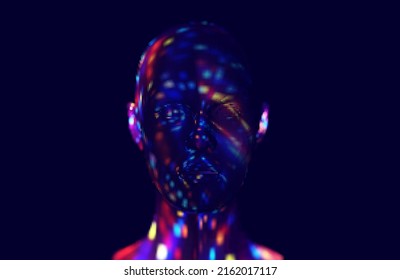 Artificial Intelligence Human Like Head Abstract Future Technology. Woman Face Dots Lights. AI Facial Recognition System Concept. Biometric Scanning, 3D Scanning. Vector Illustration.