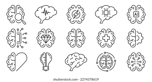 Artificial Intelligence, Human Mind, Brainstorm, Stress Symbol Collection on White Background. Human Brain AI Concept Black Line Icon Set. Editable Stroke. Isolated Vector Illustration.