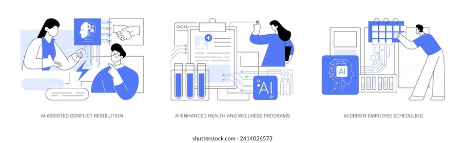 Inteligencia Artificial en Recursos Humanos conjunto abstracto concepto de ilustración vectorial. Resolución de conflictos asistidos por IA, programas de salud y bienestar mejorados por IA, resumen de programación de empleados impulsados por IA