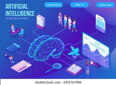 Artificial intelligence human resources, recruiting agency landing page template with 3d employer hiring worker, job interview, candidate smart search work, business people, isometric illustration