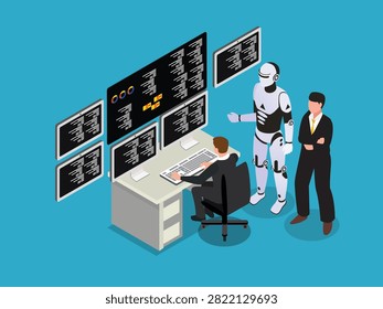 Artificial Intelligence and Human Robot Collaboration in Data Control Center 3d isometric vector illustration