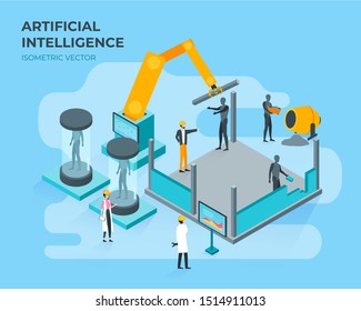 Artificial intelligence. Human and robot working together. Building construction future technology concept