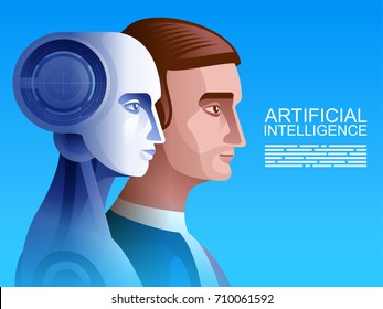 Artificial intelligence. Human vs Robot. Future cybernetic machines. Innovative look. Vector illustration. 