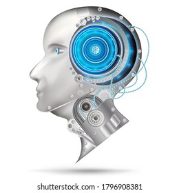 Artificial intelligence in humanoid head. AI with digital brain is learning processing big data, analysis information. Face of technology background concept. Robot thinking on white background.