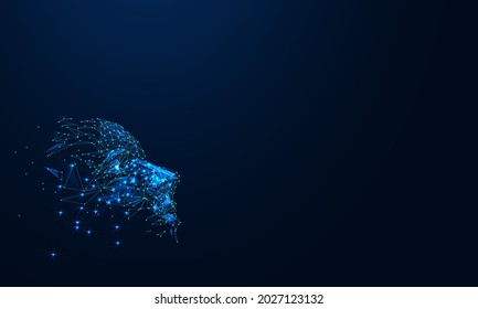 Artificial intelligence in humanoid head. AI with Digital Brain, big data, analysis information. Face of cyber mind. Technology background concept. Blue background, vector 3d.Digital polygonal low pol