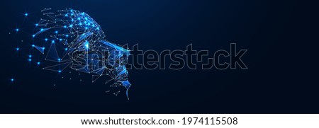 Artificial intelligence in humanoid head. AI with Digital Brain, big data, analysis information. Face of cyber mind. Technology background concept. Blue background, vector 3d. Digital polygonal 