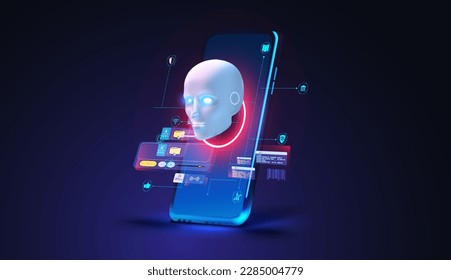 Artificial intelligence in humanoid head. Generative bot for creating ideas, editing, searching for questions. Internet technology. Information technology. Robotics chatterbot smart robotic ai