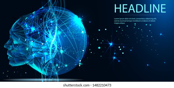 Artificial intelligence in humanoid head with neural network thinks. AI with Digital Brain is learning processing big data, analysis information. Technology background concept. Headline