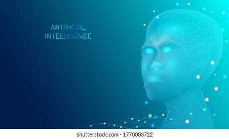 Artificial intelligence in humanoid head with neural network thinks. AI with digital brain is learning processing big data, analysis information. Face of technology background concept.
