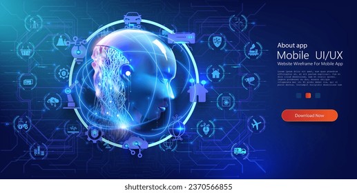 Artificial intelligence in humanoid head with neural network thinks. Internet of things (IoT) and networking concept for connected devices. Humanoid robot with artificial intelligence. Vector