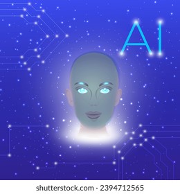 Artificial intelligence in humanoid head with neural network thinks. AI with Digital Brain is learning processing big data, analysis information. Face of cyber mind. Technology background concept. 