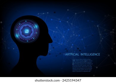 Artificial intelligence in humanoid head with neural network thinks. Machine learning and cyber mind domination concept. Graphic design and Technology(AI) concept of future.