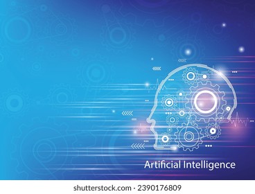 Artificial intelligence in humanoid head with transfer data. AI with Digital Brain technology background Face of cyber. Flat vector illustration.