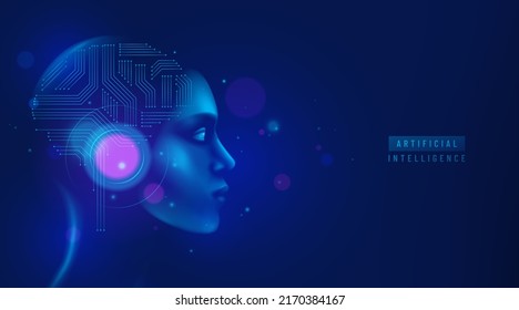 Artificial intelligence in humanoid robot head with neural network brain with circuit board. AI digital vector concept is learning processing big data, analysis information. Human face of cyber mind.