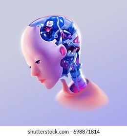 an artificial intelligence humanoid robot on right side views using mood and tone from science fiction movies color placed on bright purple background