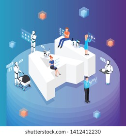 Artificial intelligence in humanoid robots symbolic isometric composition with home helper personal assistant baby sitter vector illustration 