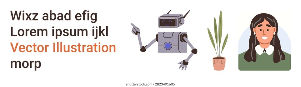 Artificial intelligence, human-robot interaction, technology, communication, modern workplace, digital tools. Robot with pointing gesture beside potted plant and portrait of a smiling woman