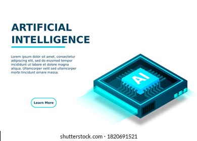 Artificial Intelligence Icon AI, Chip Brain, Quantum Computing, Cpu, Isometric Cloud Computing Concept, Data Mining, Isometric, Neural Network, Machine Programming, Vector Illustrator.