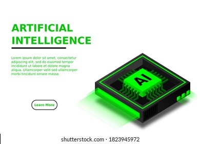 Artificial intelligence icon AI, chip brain, quantum computing, cpu, isometric cloud computing concept, data mining, isometric, neural network, machine programming, vector illustrator.