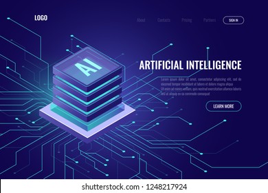 Artificial intelligence icon AI, isometric cloud computing concept, data mining, isometric, neural network, machine programming, vector