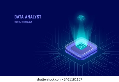 (Künstliche Intelligenz-Ikone) KI, isometrisches Cloud-Computing-Konzept, Data Mining, neuronales Netzwerk, Maschinenprogrammierung, Vektorgrafik