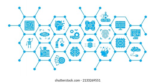 Artificial Intelligence icon banner concept. Robotics, Chatbot, Database, Big Data vector illustration for business web page banner, web presentation