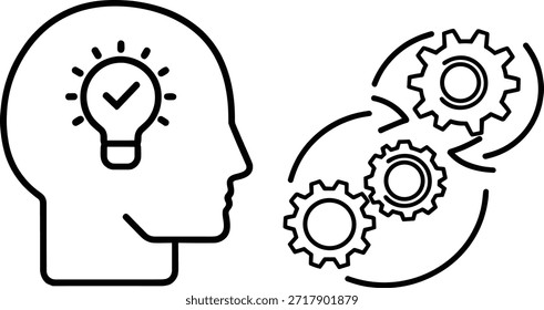 Künstliche Intelligenz Ikone des Gehirns Zahnräder Ikone und Glühbirne im menschlichen Kopf symbolisiert Denkprozess Ideen Erzeugung Konzept und mechanische Lösung.