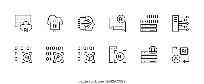 Coleção de ícones de inteligência artificial. Algoritmos, automação, programação, sistema automatizado, inovação e muito mais. Traçado editável. Pixel perfeito. Grade de 32px.