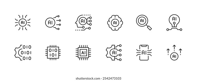 Artificial intelligence icon collection. Algorithms, automation, programming, automated system, innovation and more. Editable stroke. Pixel Perfect. Grid base 32px.