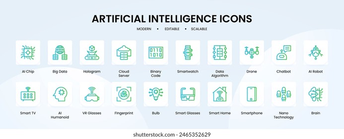 Artificial intelligence icon collection with blue and green gradient outline style. technology, ai, set, robot, digital, data, artificial. Vector Illustration