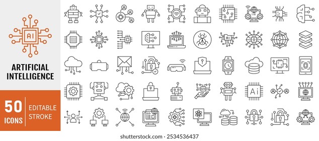 Coleção de ícones de Inteligência Artificial. Contendo tecnologia, robótica, automaticamente, coleção de ícones virtuais. Ilustração de vetor de linha simples.