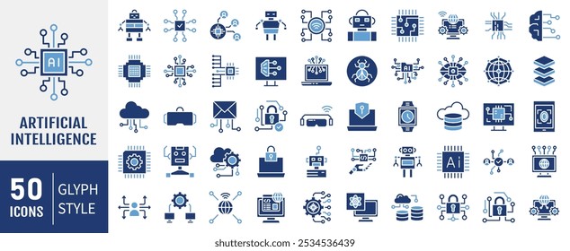Coleção de ícones de Inteligência Artificial. Contendo tecnologia, robótica, automaticamente, coleção de ícones virtuais. Ilustração simples de vetor plano.