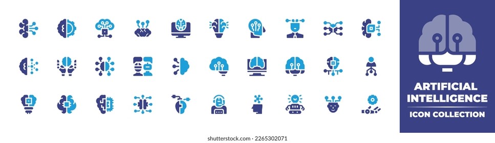 Artificial intelligence icon collection. Duotone color. Vector illustration. Containing artificial intelligence, artificial heart, intelligent assistant, intelligence, robot, cognitive, robotic hand.
