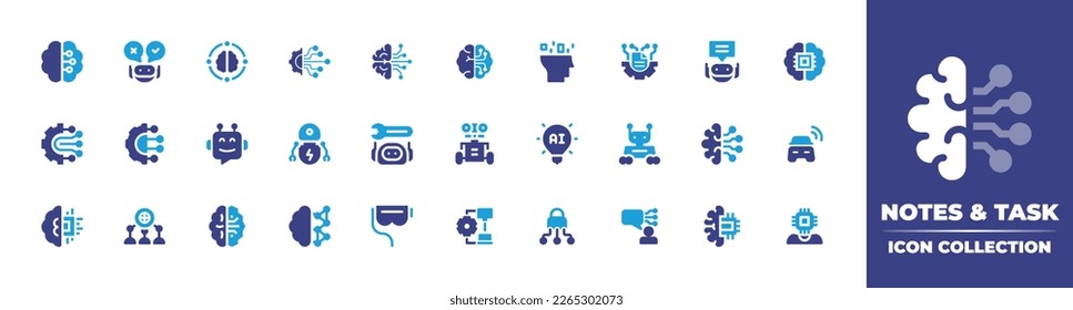 Artificial intelligence icon collection. Duotone color. Vector illustration. Containing brain, decision, ai, artificial intelligence, brainstorming, machine learning, assistant, connection, bot.