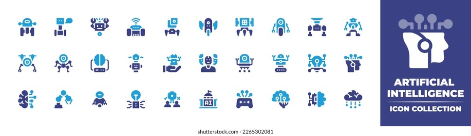 Artificial intelligence icon collection. Duotone color. Vector illustration. Containing specification, robot, lawnmower, drone, brain, machine learning, nanobot, cyborg, light bulb, robotic.