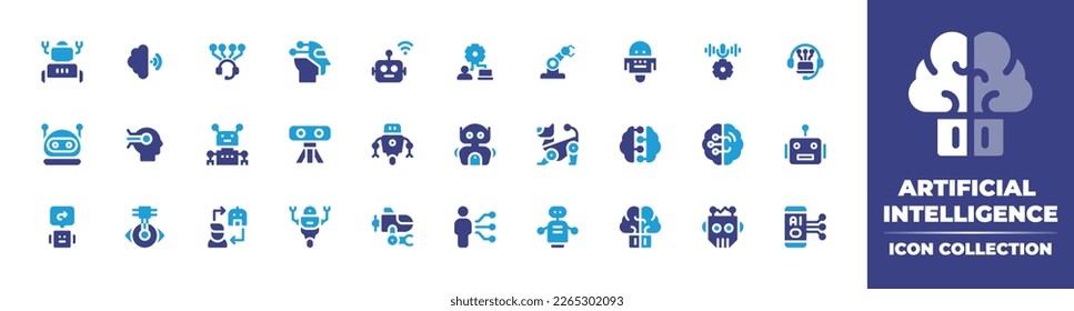 Recopilación de iconos de inteligencia artificial. Color de duotona. Ilustración vectorial. Con robot, chip, red, ciborg, conectividad inalámbrica, procesamiento de lenguaje natural, brazo robot, reconocimiento de voz.