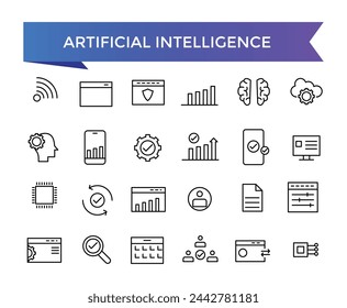 Recolección de iconos de inteligencia artificial. aprendizaje automático, ciencia de datos, IA, asistente virtual, IA generativa, tecnología. Conjunto de iconos de vector de línea.