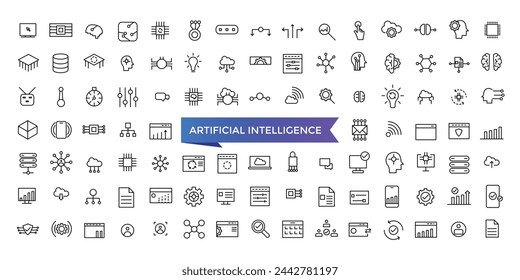 Recolección de iconos de inteligencia artificial. aprendizaje automático, ciencia de datos, IA, asistente virtual, IA generativa, tecnología. Conjunto de iconos de vector de línea.