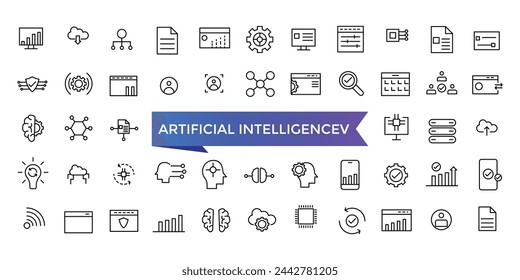 Artificial intelligence icon collection. machine learning, data science, AI, virtual assistant, generative AI, technology. Line vector icons set.