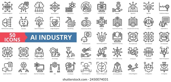 Artificial intelligence icon collection set. Containing machine learning, deep, neural network, data science, automation, computer vision, robotic icon. Simple line vector.