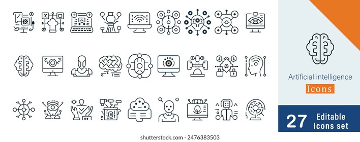 artificial intelligence icon collection set. Containing machine learning, deep, neural network, data science, automation, computer vision, robotic icon. Simple line